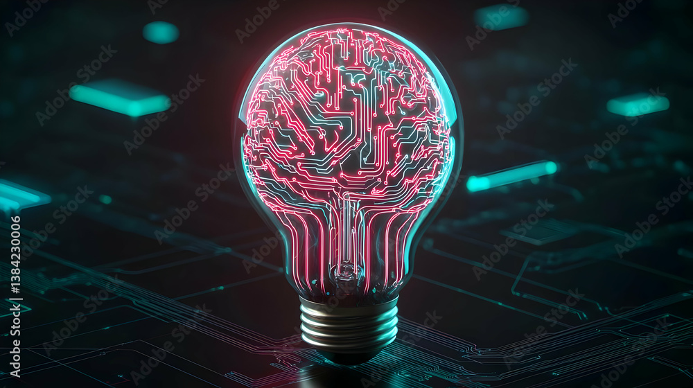Poster glowing lightbulb with circuit board brain design
