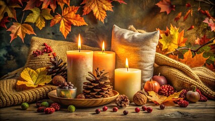 Autumnal Still Life: Candles, Leaves, Cones & Pillows