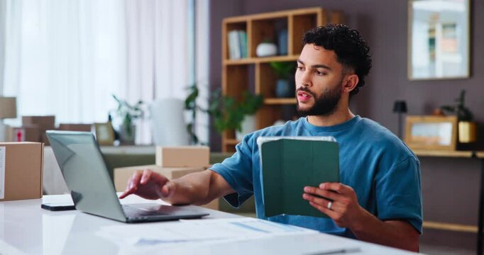 Shipping, tablet and man on laptop for small business, order review and comparison in home. Ecommerce, distribution and technology for online sales, stock procurement and freelancer typing email