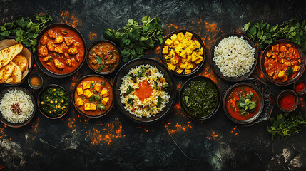 Overhead view of Indian curry dishes, rice, and naan bread on dark textured table
