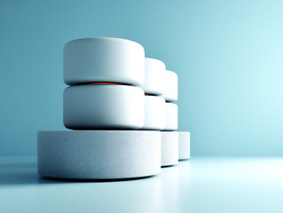 p: a minimalist 3d animation of three white cylindrical podiums slowly rotating against a plain ligh