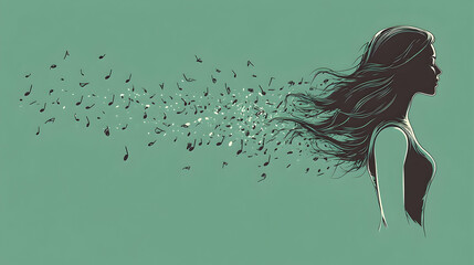 Abstract art showing silhouette of a womans face with musical notes flowing from her hair against light teal background