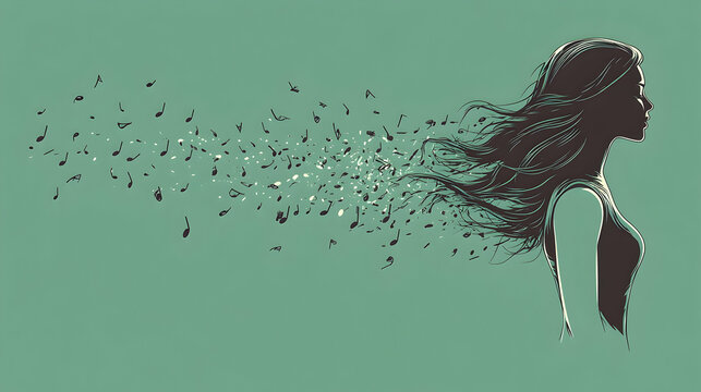 Abstract art showing silhouette of a womans face with musical notes flowing from her hair against light teal background