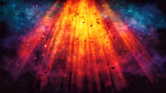 Abstract painting of music notes falling from a bright light in the sky set against a colorful cosmic background