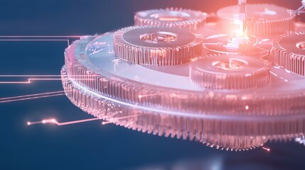 floating gears and abstract shapes, highlighting visionary leadership, dark background with glowing effects, conceptual business idea