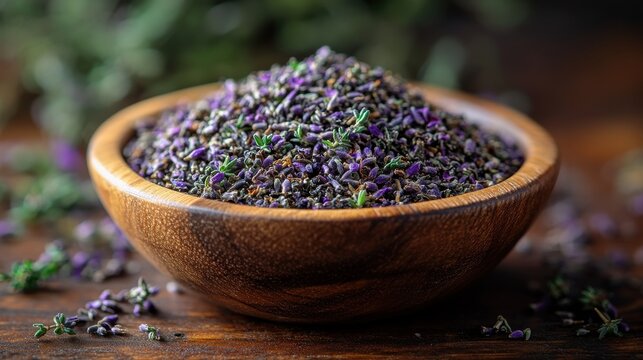 a wooden bowl filled with dried mountain thyme kekik da rests on a wooden surface the aromatic thyme with its greenish and purplish hues highlights its natural flavorful qualities,stock image