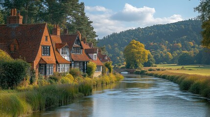 Fototapeta premium Picturesque riverfront cottages, autumnal landscape, idyllic English village
