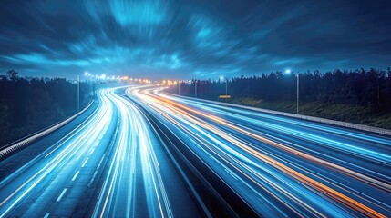 Night Highway: Dynamic Light Trails of Fast Moving Cars. Captivating Night Photography of a Busy Highway Scene.