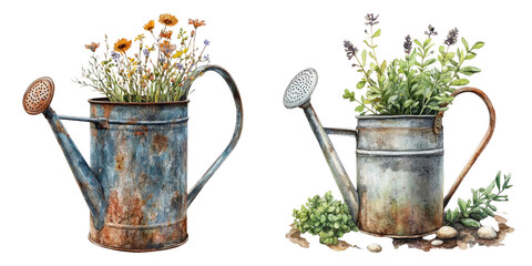 Rustic garden watering cans filled with vibrant flowers and herbs, showcasing charming botanical theme