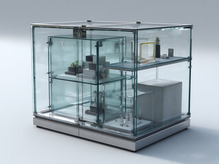 p: a modern 3d scene featuring a rotating transparent glass display case