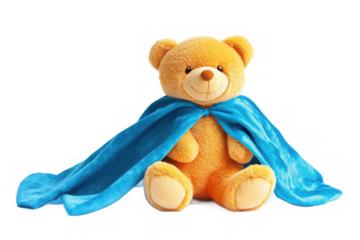 Cute cartoon teddy bear with blue cape, sitting in heroic pose, no background