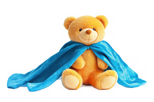 Cute cartoon teddy bear with blue cape, sitting in heroic pose, no background