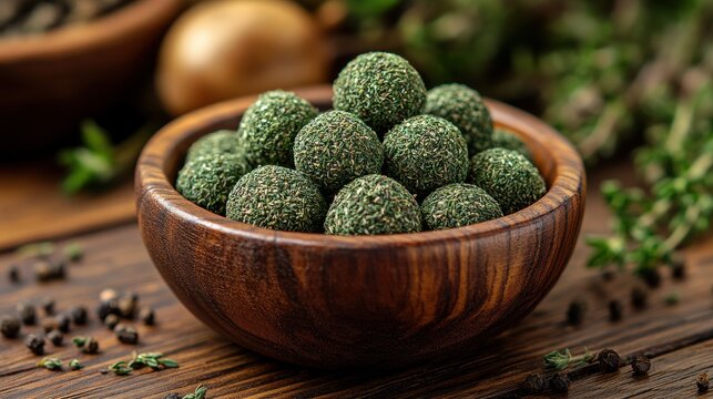 a wooden bowl filled with dried thyme balls kekik bilye sits on a wooden surface the small greenish round thyme balls showcase their unique shape and aromatic qualities,illustration