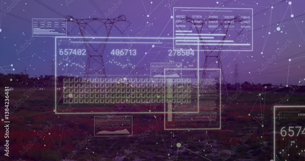 Poster digital data and network connections animation over power lines in landscape