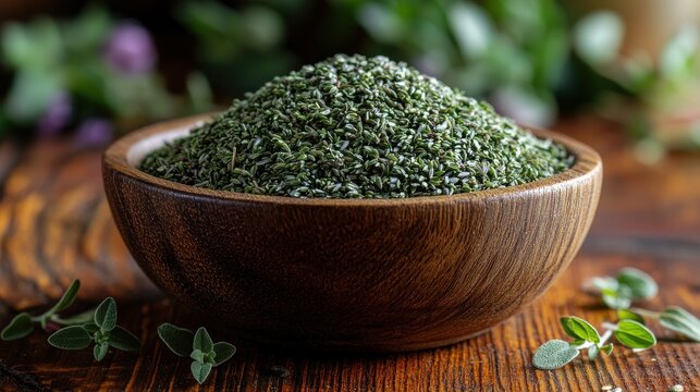 a wooden bowl filled with dried thyme balls kekik bilye sits on a wooden surface the small greenish round thyme balls showcase their unique shape and aromatic qualities