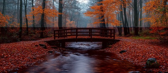 Autumnal Forest Creek Bridge with Falling Leaves