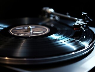 Black vinyl record on turntable with moody lighting and negative space on side