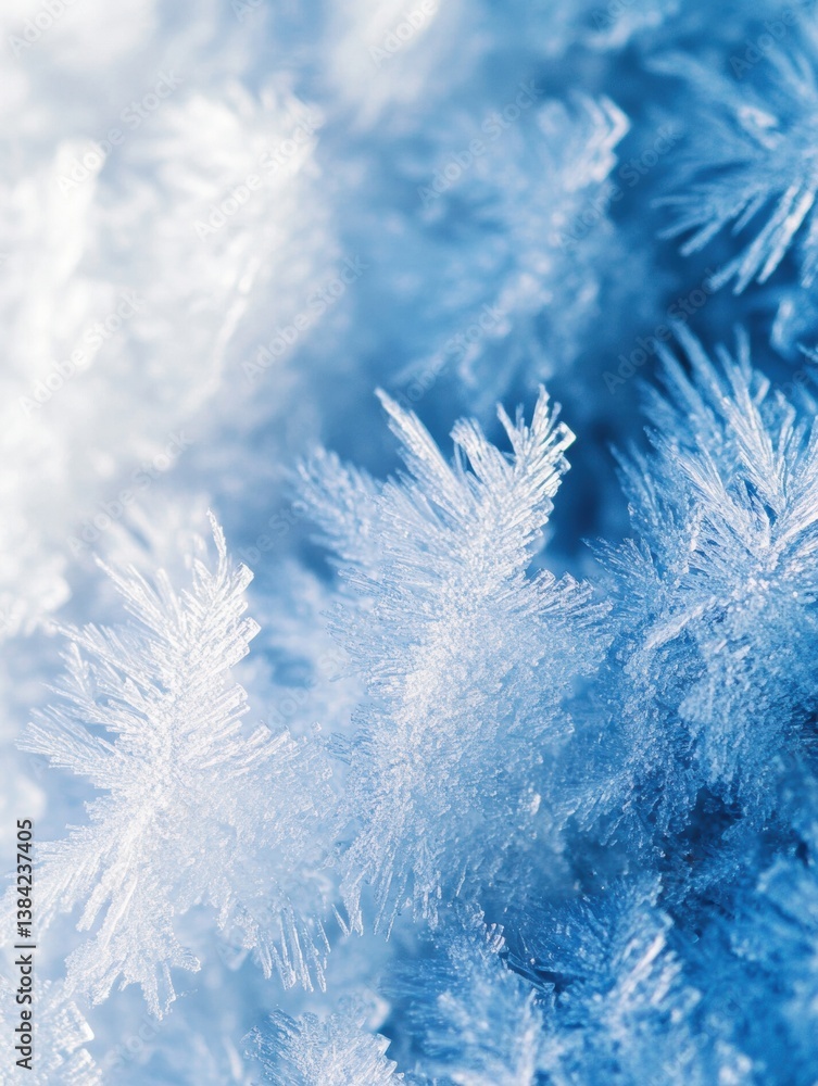 Leinwandbilder Macro shot of intricate frozen ice crystals displaying delicate patterns in a soft blue-white gradient during the winter season