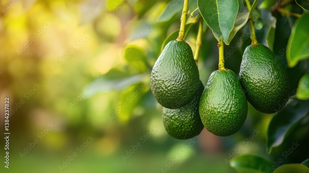 Poster Perfectly ripened avocados hanging from a tree branch in a lush orchard setting with blurred background greenery during sunny weather