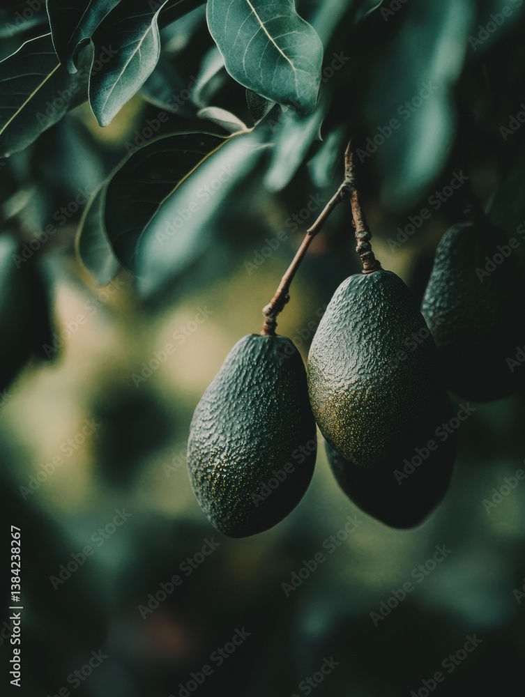 Aufkleber perfectly ripened avocados hang from a branch in a lush orchard, creating a natural and vibrant sett