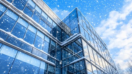 Snowy modern office building, winter cityscape, snow falling, corporate
