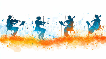 Four musicians in silhouette play string instruments accompanied by floating music notes above a watercolor-style splas