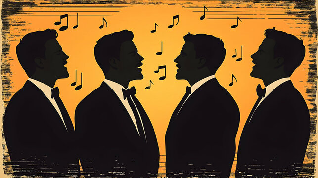 Four men silhouette singing a cappella  Notes float above them The men are wearing suits A vintage distressed effect