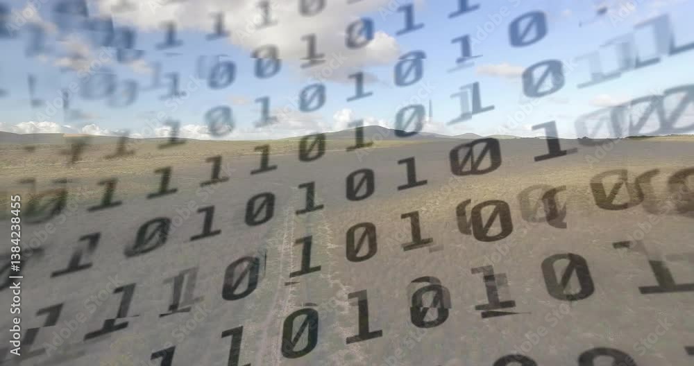 Poster binary code overlaying animation of mountains and cloudy sky in digital style