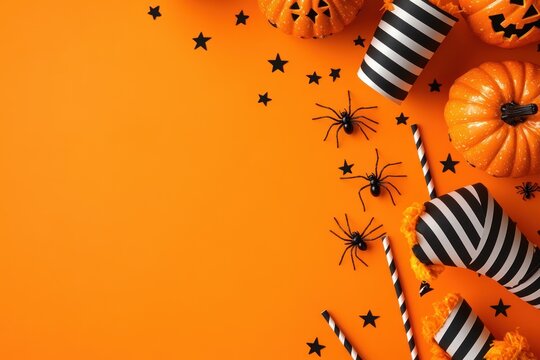 Halloween Themed Still Life Composition with Pumpkins and Spiders on Orange Background
