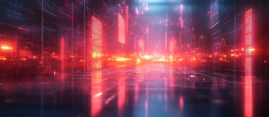 Glowing red digital cityscape at night, reflecting on a futuristic street