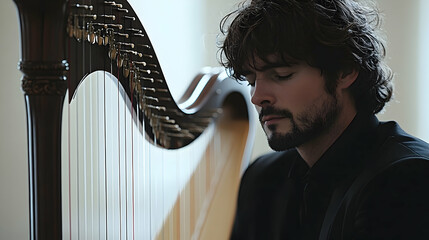 Man in black eyes closed next to a large harp Serene expression and contemplative mood in a softly lit indoor space
