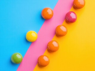 Candy in triadic colors and flat lay composition with studio lighting and negative space