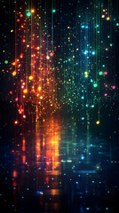 Fototapeta premium Multicolored light streaks and bokeh cascade down into a glowing reflective pool dark ambience with gradient of warm to