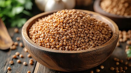 Obraz premium a wooden bowl filled with karabu day buckwheat sits on a wooden surface the triangular shaped grains are heaped together showcasing their earthy brown color and natural texture,illustration