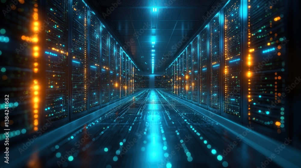 Poster illuminated server room corridor with glowing data streams