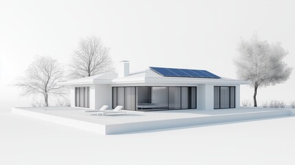 3d model of a white suburban house with glossy blue solar panels on the roof 