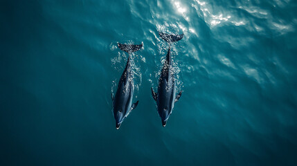 Two dolphins swim in deep blue ocean