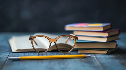 Glasses, notebook, pencil, books, desk, study, learning, background, education, still life