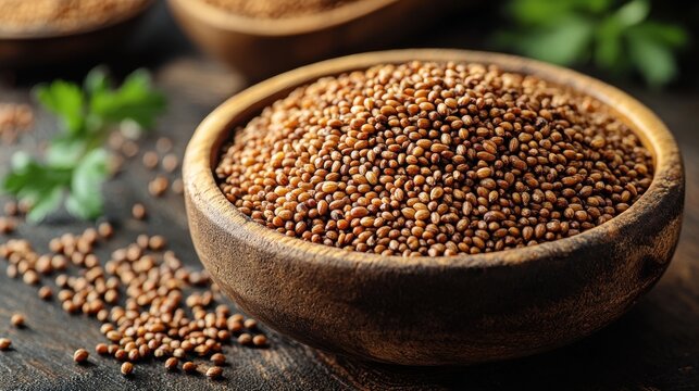 a wooden bowl filled with peganum harmala seeds rests on a wooden surface displaying the small brown seeds,stock image