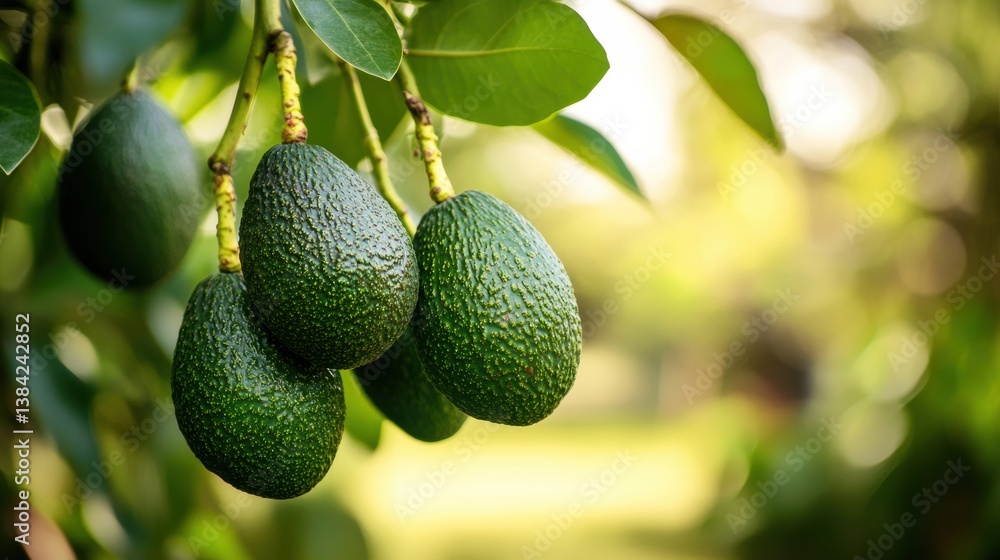 Poster perfectly ripened avocados hanging from branch in a lush orchard with soft background blur