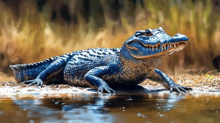 Fototapeta premium A vibrant blue alligator basks near water