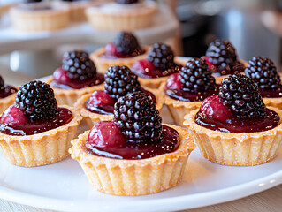 p: a plate of mini spring frangipane tarts with a variety of fruit toppings and a shortbread crust