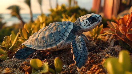 Naklejka premium A baby sea turtle crawls toward the ocean under pastel morning light, capturing a hopeful moment in its first step of the migratory journey.