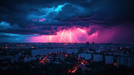 Obraz premium Vibrant pink & blue lightning strikes illuminate a city at night