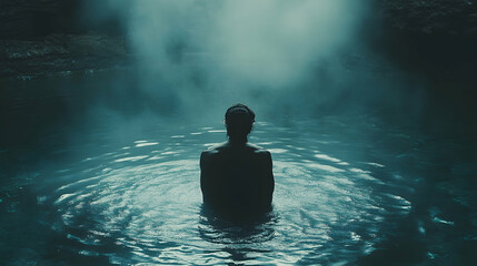 Obraz premium Person immerses in blue water surrounded by mist creating a serene mysterious atmosphere with rippling reflections
