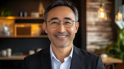 Fototapeta premium Professional Asian Man Smiling in Modern Office Environment with Warm Lighting and Natural Decor