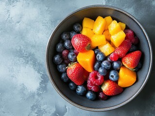 Ceramic bowl and fruit with overhead view and negative space on right