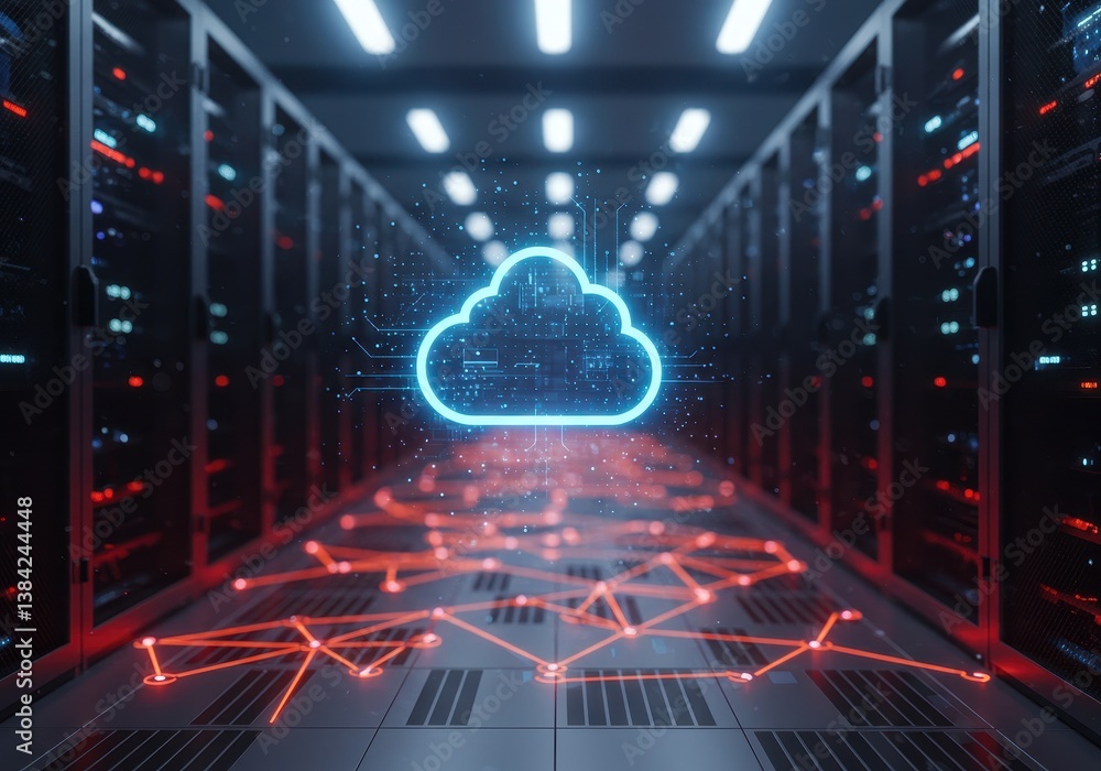 Poster futuristic server room with glowing digital cloud icon and illuminated network paths in blue and red