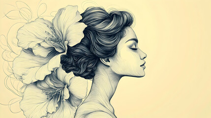 Fototapeta premium Profile of a woman with hair updo and large detailed flowers monochromatic against a pale background soft light