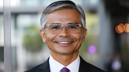 Fototapeta premium Confident Middle-aged Businessman in Glasses Smiling Outside Modern Office Building